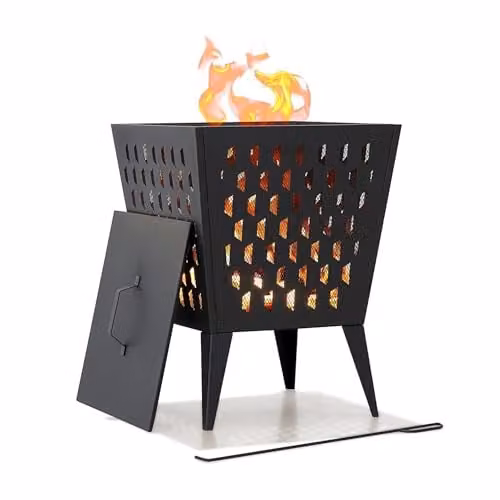 SUNJOY Black Steel Outdoor Fire Pit with Elevated Base, Cover and Poker, W: 46 cm, D: 46 cm, H: 61 cm