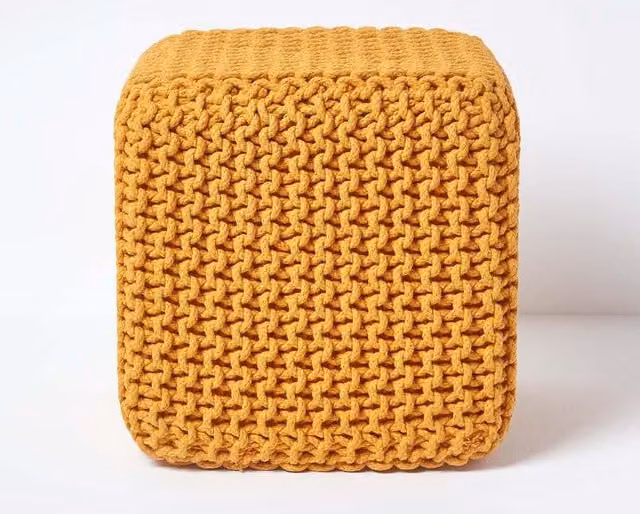 Homescapes Cube Cotton Knitted Pouffe Footstool in Yellow