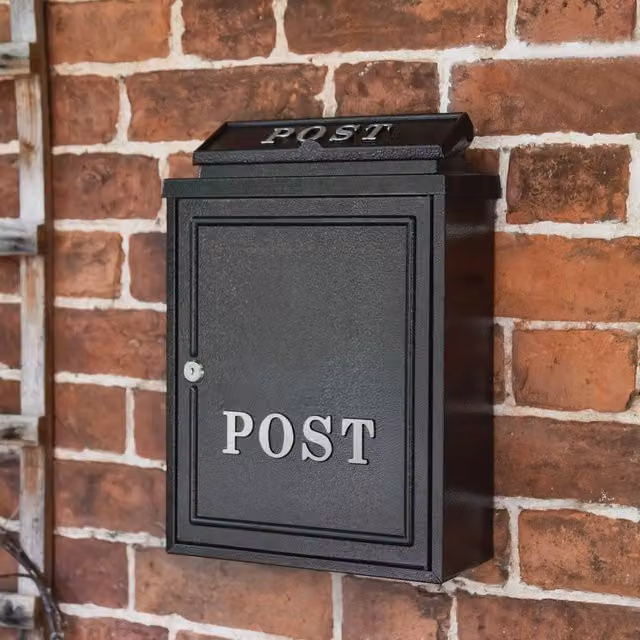 NESTLUNE Black Wall Mounted Letterbox with Silver Text