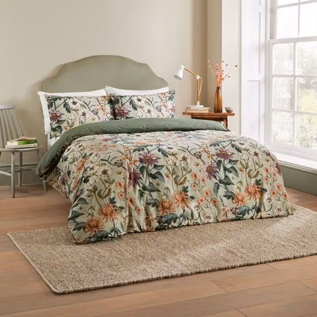 Terrys Wallflower Botanical Reversible Cotton Percale Duvet Cover Bedding Set in Green
