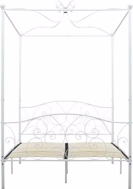 Berkfield Home Elegant Canopy Bed Frame in White Metal and MDF, W/D/H: 140 x 200 x 227 cm