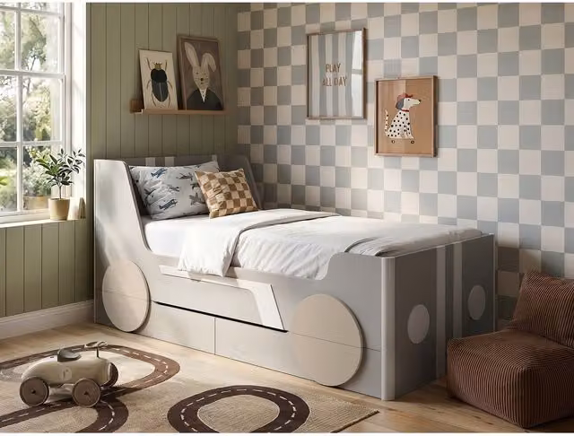Flair Upholstered Single Childrens Car Bed with Drawers in Grey and Beige, 90 x 190 cm