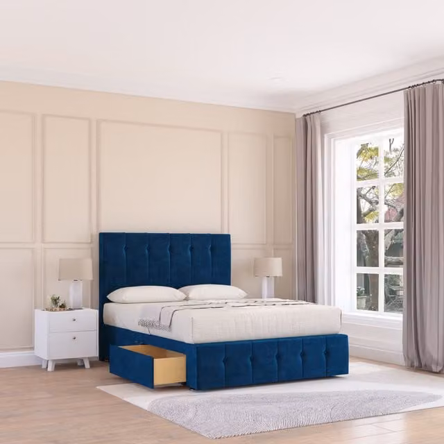Sloomy Cambridge Chesterfield Divan Bed Frame with Headboard in Blue Velvet, W/D/H: 140 x 200 x 135 cm