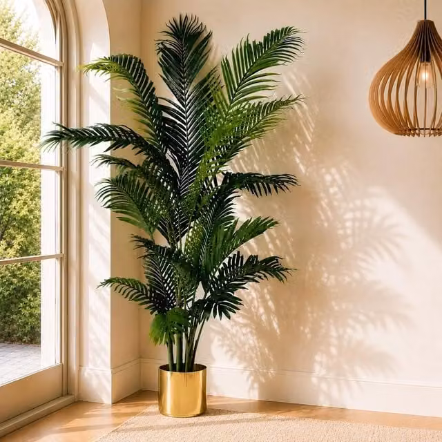 Leaf Extra Large Artificial Palm Tree with Gold Planter in Green, Height: 180 cm