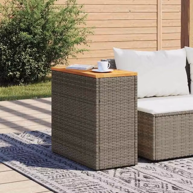 Berkfield Home Grey Poly Rattan Garden Side Table with Oiled Acacia Wood Top, W/D/H: 58 x 27.5 x 55 cm
