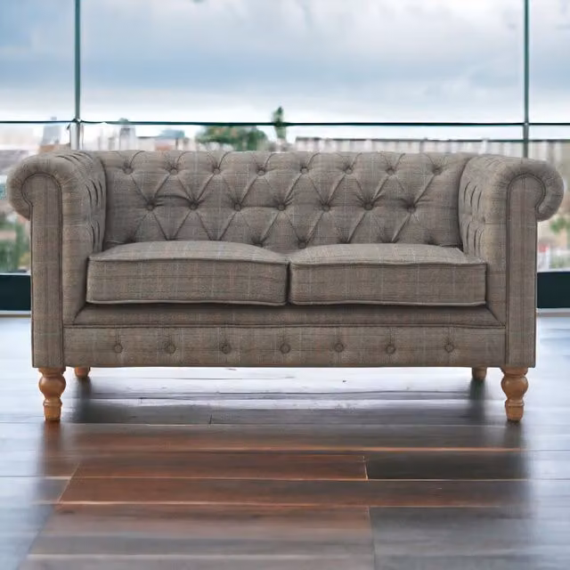 Artisan Furniture Grey Fabric 2 Seat Chesterfield Sofa with Solid Mango Wood Frame