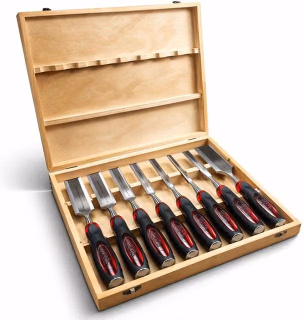 Lumberjack 8 Piece Bevel Edge Chisel Set with Strike Proof Caps in Red with Wooden Case
