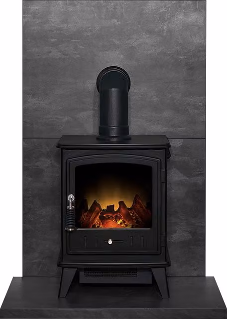 Acantha Fires & Fireplaces Tile and Hearth Set in Black Slate Venetian Plaster Effect with Aviemore Stove and Angled Pipe