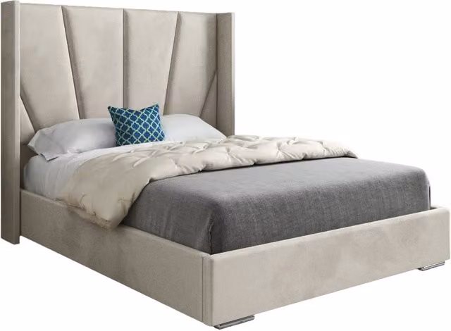 KDMD Cocoon Wide Curved Winged Upholstered Soft Velvet Designer Bed Frame in Beige, Size: King (W/D/H: 180 x 200 x 159 cm)