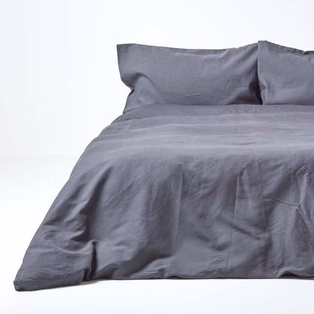 Homescapes Plain Grey Linen and Combed Cotton Duvet Cover Set with Pillowcase, W/D/H: 140 x 200 cm