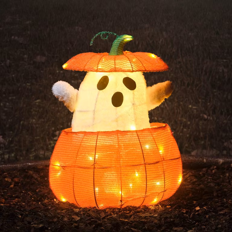 Lights4fun Animated Ghost in a Pumpkin Halloween Decoration, White and Orange, with 35 Warm White LEDs and Rising Motion