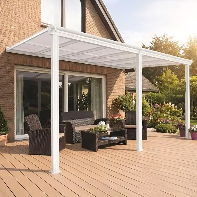 Primrose Living White Lean-to Garden Veranda Canopy Pergola with Polycarbonate Roof, W: 434 cm, D: 300 cm, H: 258 cm