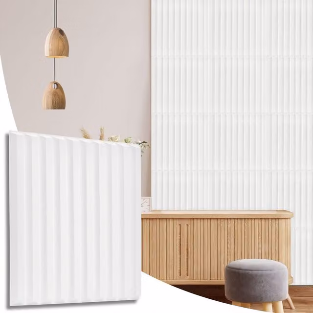 NOVECRAFTO Matte White 3D Fluted Line PVC Wall Cladding Panels, W/D/H: 50 x 50 x 0.25 cm