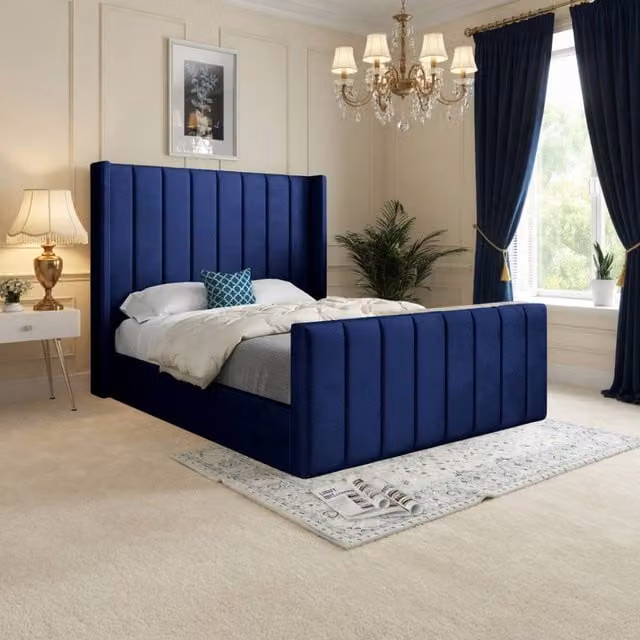 KDMD Sturminster Winged Upholstered Designer Bed Frame in Blue Soft Velvet, Size: 180 x 200 cm