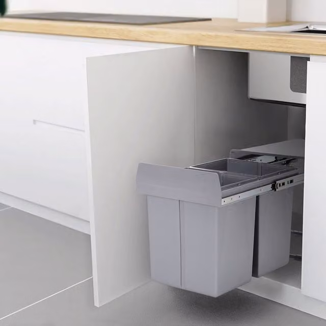 Livingandhome Pull-Out Undermount Kitchen Waste Bin with Flip Lid and Removable Inner Bucket, Grey, 40l