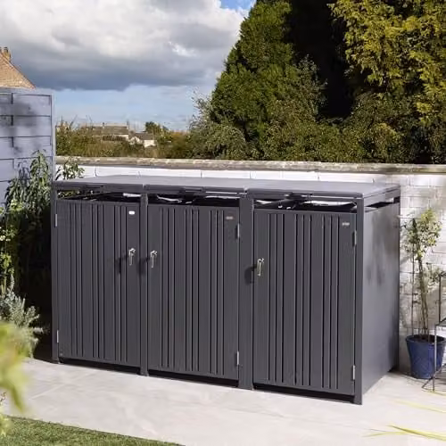 Rowlinsons Wimbledon Triple Bin Store in Anthracite Grey, Coated Steel, W200.5 x D81 x H116.5 cm