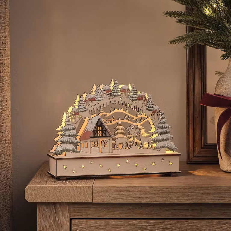 Lights4fun.co.uk Pre Lit Rustic Wooden Winter Log Cabin House Scene in Brown