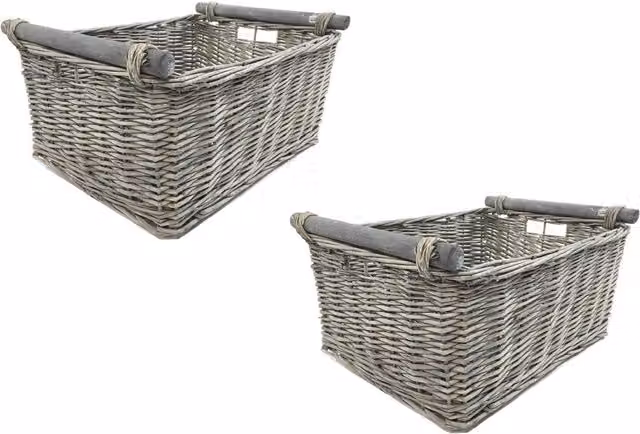 Topfurnishing Set of 2 Grey Open Weave Rattan Wicker Log and Hamper Storage Baskets with Handles, Diameter: 41 cm