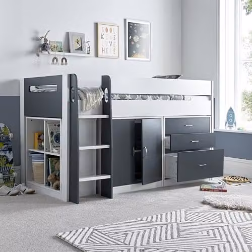 Bedmaster Lacy Mid Height Childrens Storage Bed with Drawers in Grey and White, W/D/H: 90 x 190 x 117 cm