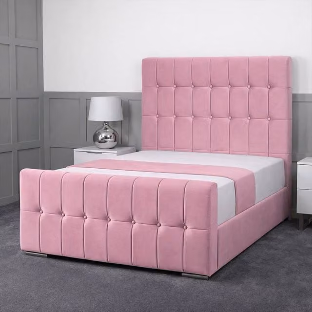 Living Comfort Bedz Belmont Plush Velvet Upholstered Small Double Bed with Slatted Base and 48 Inch Headboard in Pink