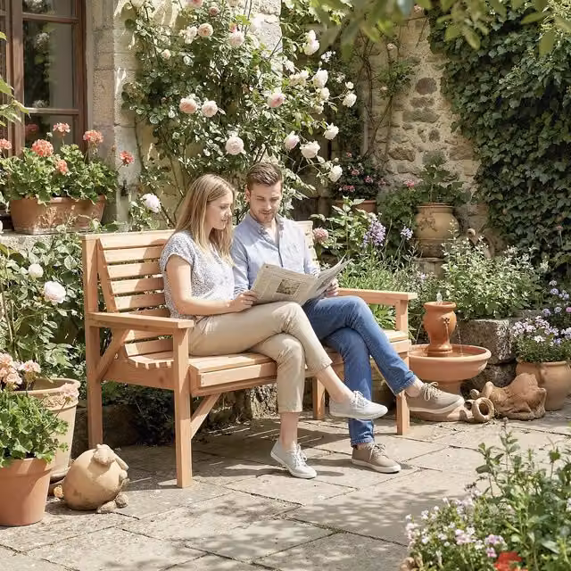 Outsunny 2 Seater Wooden Garden Bench with Armrests in Brown