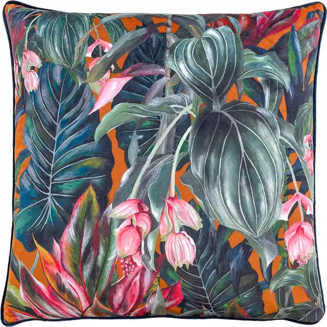 Mogori Wild Medinilla Piped Velvet Cushion in Autumn Multicolour with Feather Filling