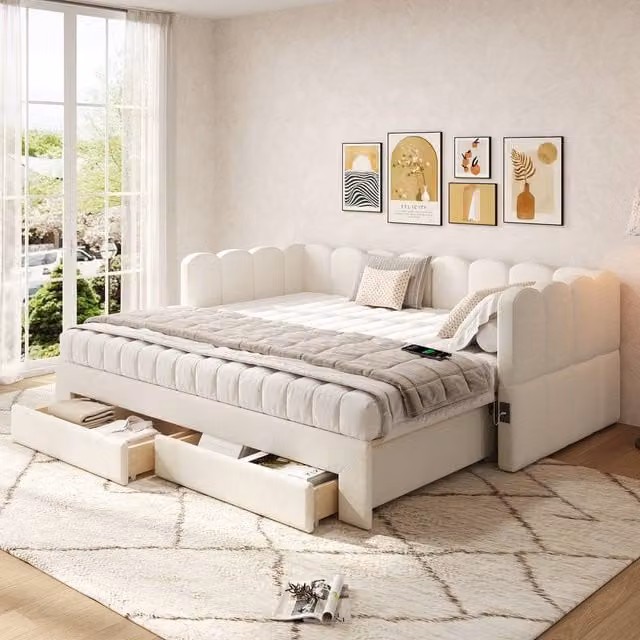 BTM Modern Upholstered Single Sofa Bed in Light Beige with 2 Storage Drawers and USB Charging Port, W/D/H: 90 x 190 cm