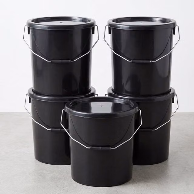 Storm Trading Group 2 x 25L Black Plastic Storage Buckets with Snap Lid and Handles