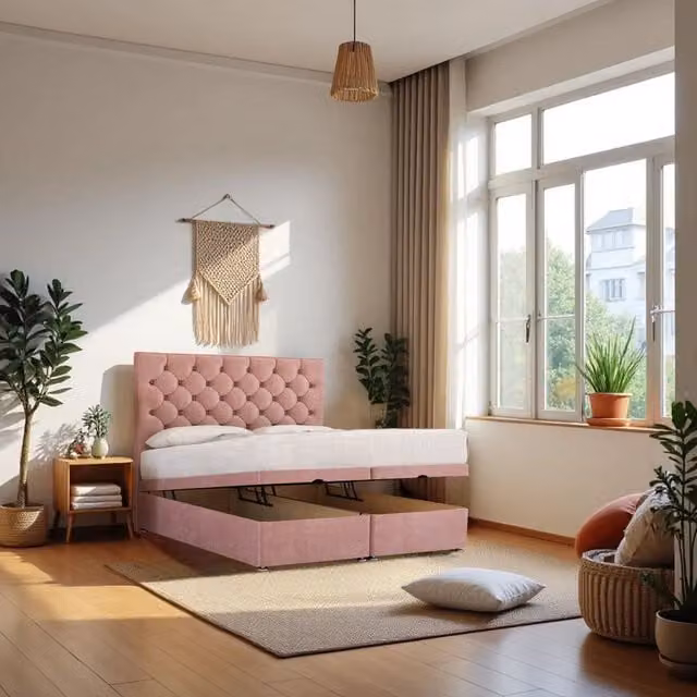 Knight Sleep Athens Single End Opening Ottoman Bed with Hybrid Mattress and 24 inch Headboard in Pink