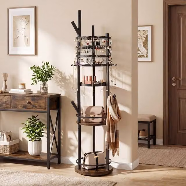 Costway Rotating Jewelry Display Tower with Earring and Necklace Holder in Brown