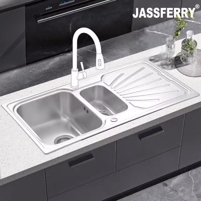 JASSFERRY Stainless Steel 1.5 Bowl Reversible Kitchen Sink with Drainer in Silver