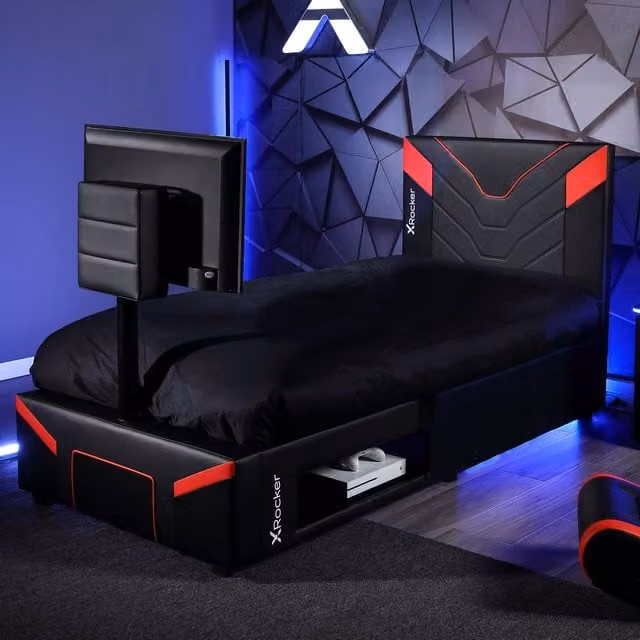 X Rocker Cerberus Twist Gaming TV Bed Frame with Underbed Storage and Side Compartments, Upholstered Faux Leather, Red and Black, W/D/H: 90 x 190 x 108 cm