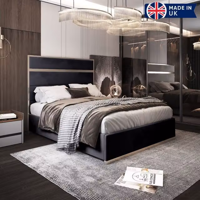KDMD Comfyzone Single Upholstered Velvet and Metal Designer Bed Frame in Black, W/D/H: 90 x 190 x 137 cm