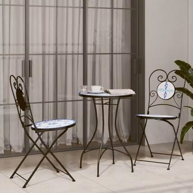 Berkfield Home Mosaic Bistro Table in Blue and White Ceramic with Powder Coated Steel, W: 50 cm, D: 70 cm