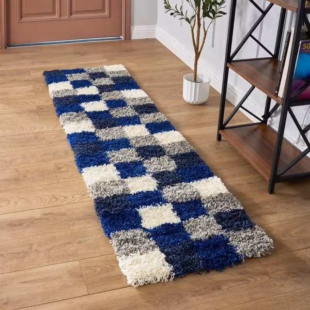 Bravich California Checked Shaggy Rug in Blue, W: 230 cm, D: 60 cm