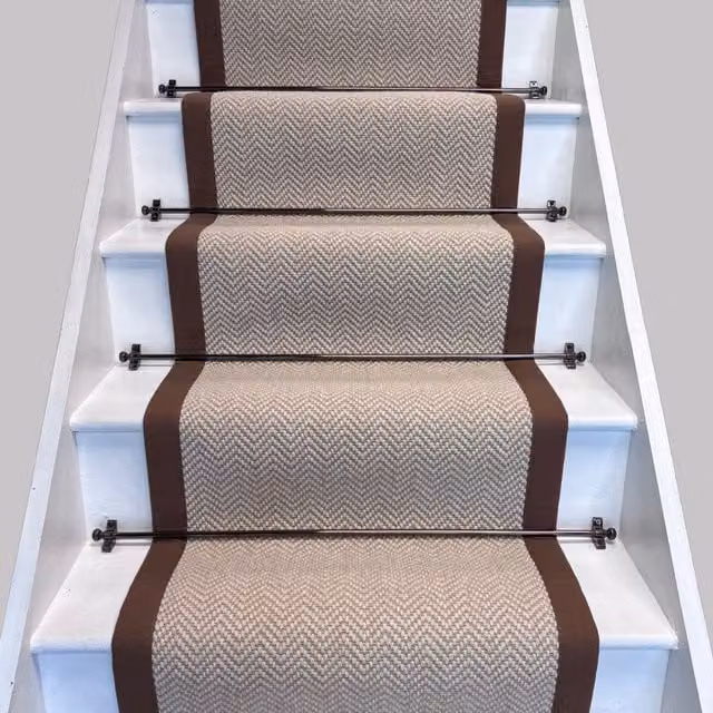 RainbowHome Herringbone Chalk Beige Wool Stair Runner with Brown Cotton Border, W: 65 cm x L: 600 cm