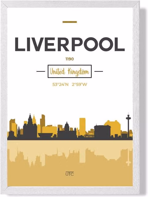 ARTZE Liverpool Yellow and Black City Skyline Framed Paper Poster with White Frame