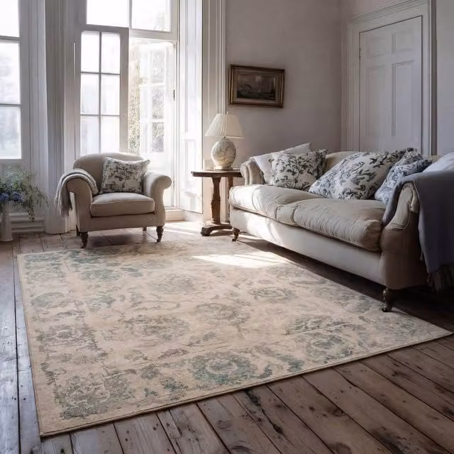 Kukoon Floral Distressed Machine Washable Area Rug in Green, Beige and Petrol, W: 160 cm, L: 230 cm