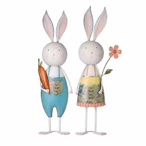 Heaven Sends Set of 2 Metal Rabbit, Carrot and Flower Tabletop Ornaments in White and Multicolour