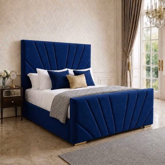 K Mehmood Enterprise Ltd Elegance Modern Blue Velvet Upholstered Bed Frame with Geometric Headboard and Footboard