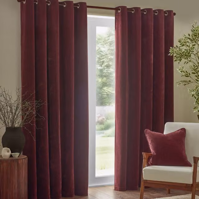 Make It A Home Heavy Chenille Velvet Room Darkening Eyelet Curtains, Beetroot, W: 137 cm, H: 168 cm