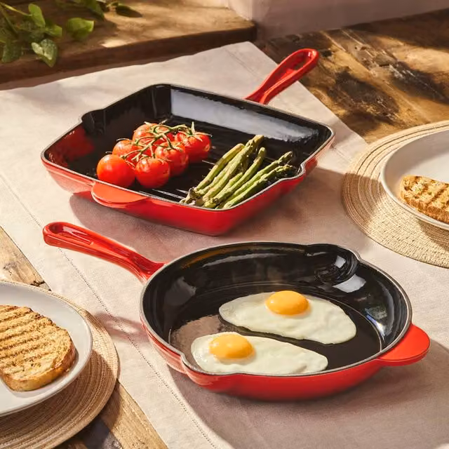 Cooks Professional 2 Piece Red Enamelled Cast Iron Frying Pan and Skillet Set