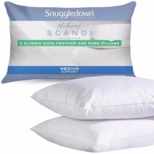 Snuggledown 2 Pack White Duck Feather and Down Pillows with Medium Support and Cotton Cover, W: 48 cm, D: 74 cm