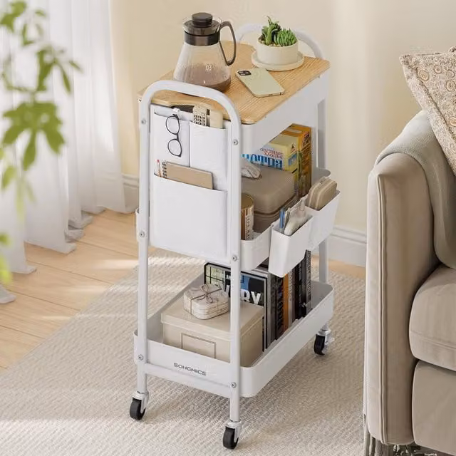 The Bazaarist 3 Tier Rolling Utility Cart with Tabletop in Cloud White