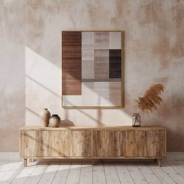 Wyld Haus Pyrgos Woven Geometric Wall Art in a Slim Wood Frame, Multicolour Terracotta and Brown