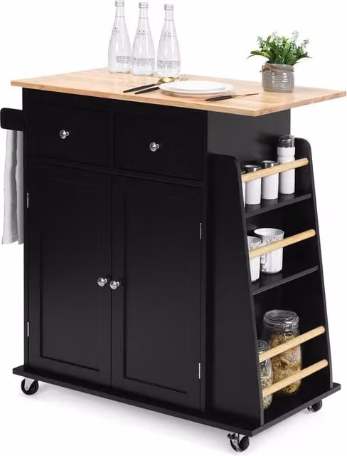 COSTWAY Modern Black Kitchen Island Rolling Storage Cabinet Trolley Cart