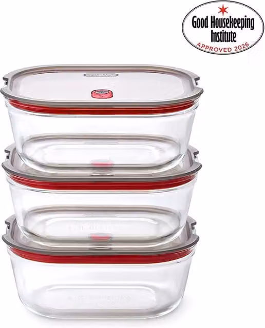 Black + Blum Stack + Nest Airtight Glass Food Storage Container Set, 3 Pack, 1.2 l, Transparent and Black