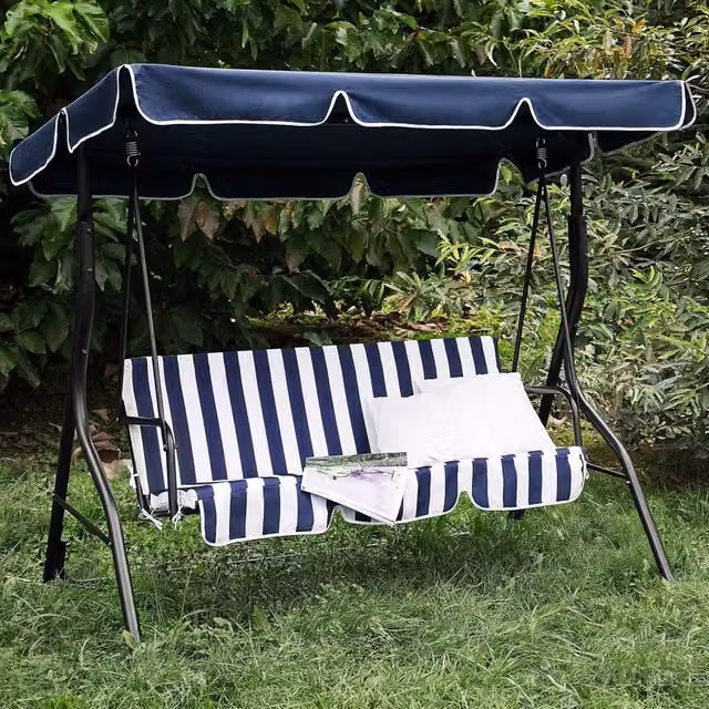 Wyld and Coco 3-Seater Patio Swing Chair with UV-Resistant Sun Canopy, Blue Striped, Powder Coated Steel Frame, W/D/H: 174 x 147 x 118 cm
