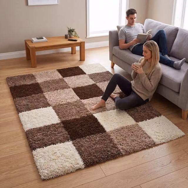 Bravich California Checked Shaggy Rug in Beige and Multicolour, W: 230 cm, D: 160 cm