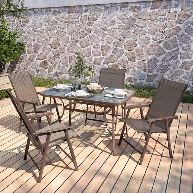 Livingandhome Brown Bistro Set with Rectangular Tempered Glass Table and 4 Metal Folding Chairs